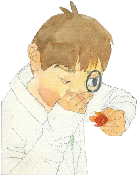 虫めがねで花を観察する白衣の子どものイラスト