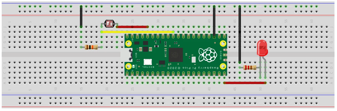 ブレッドボードの配線図。CdSと10kΩの抵抗、Raspberry Pi Pico、220Ωの抵抗とLEDがつながっている