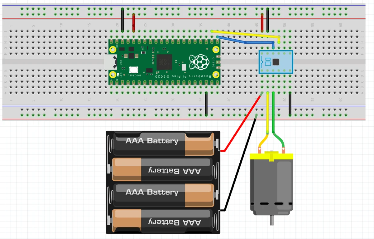 ブレッドボードの配線図。Raspberry Pi Pico と DRV8835、モーター、単4電池4本の電池ボックスがつながっている