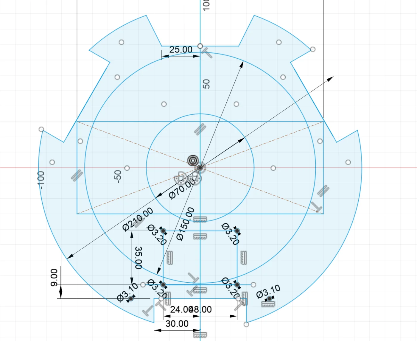 Fusion 360の画面。ロボット土台の外形と、直径や距離の寸法が数字で書き込まれている