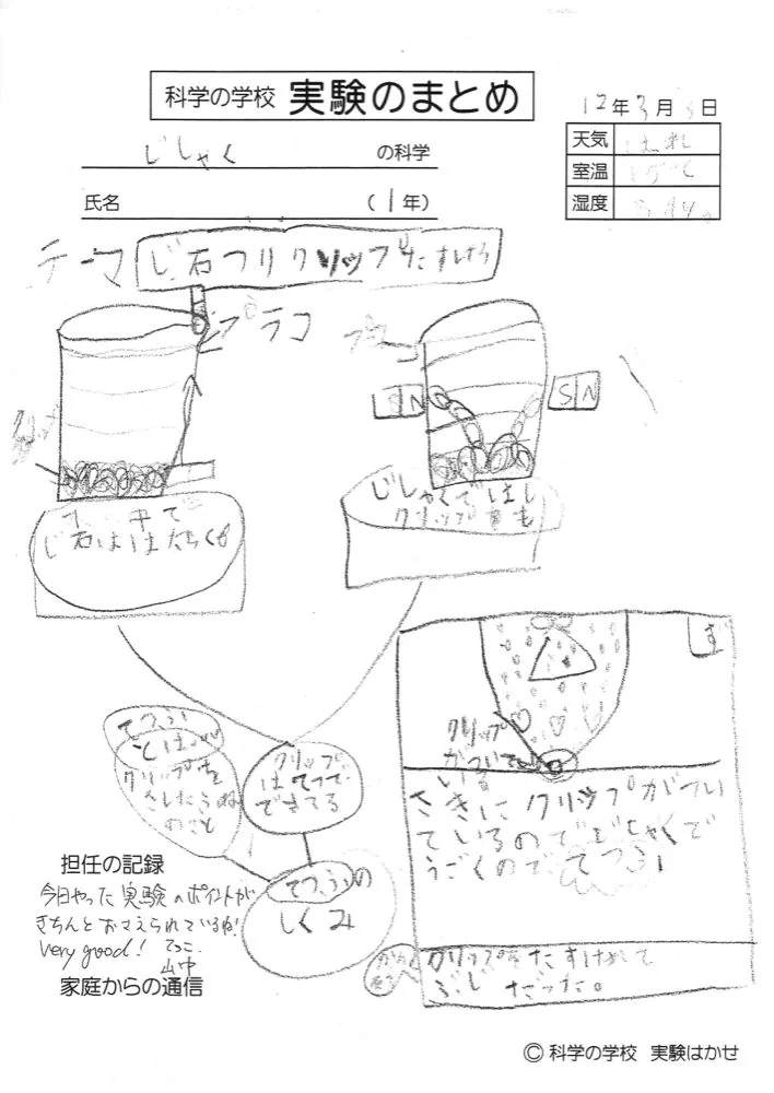 生徒のまとめノート例：じしゃくの実験（小学1年）
